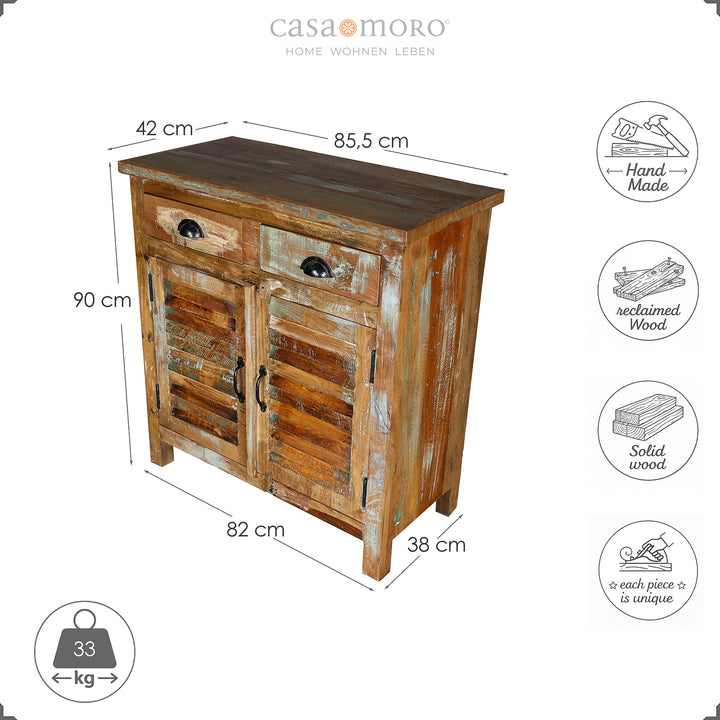 Dimensional sketch of a highboard made of solid wood, height 90 cm, width 82 cm, depth 38 cm, isolated