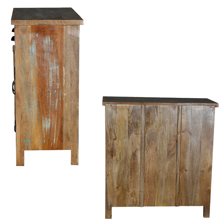 Side and back view of a highboard made of solid old wood with natural grain