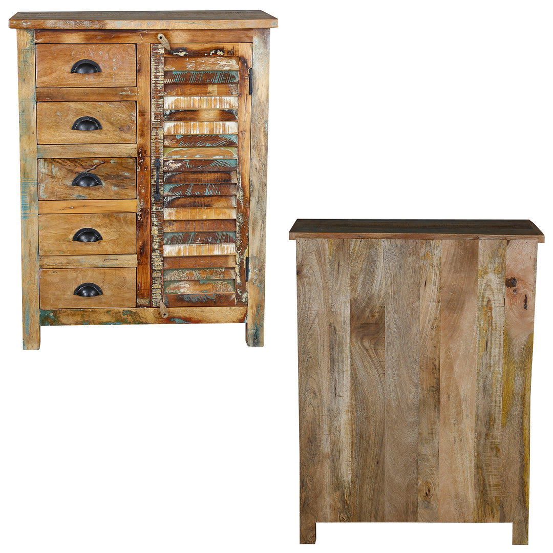 Front and side view of a highboard made of old wood with drawers and door, isolated
