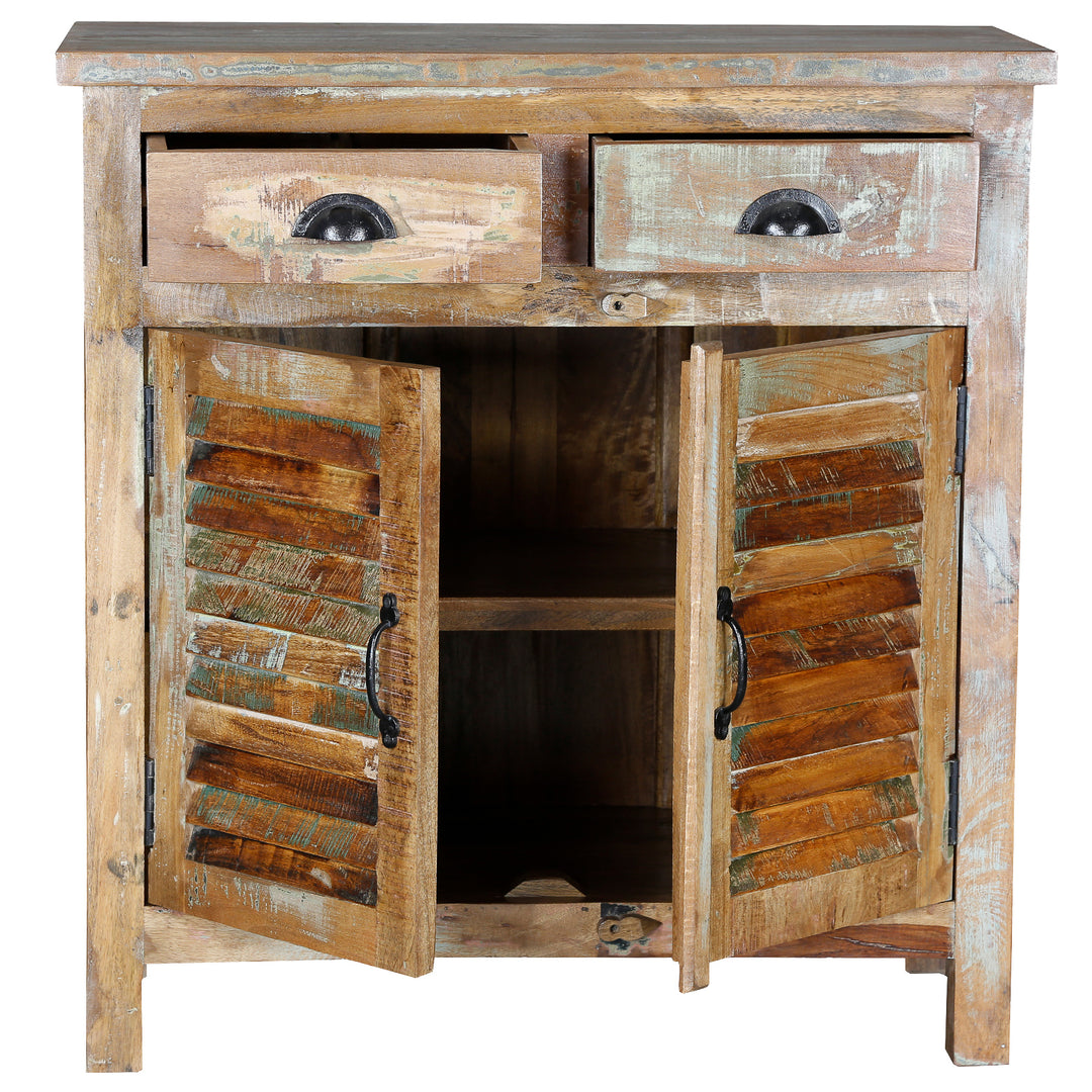 Solid wood highboard with opened doors and drawers, isolated on white background