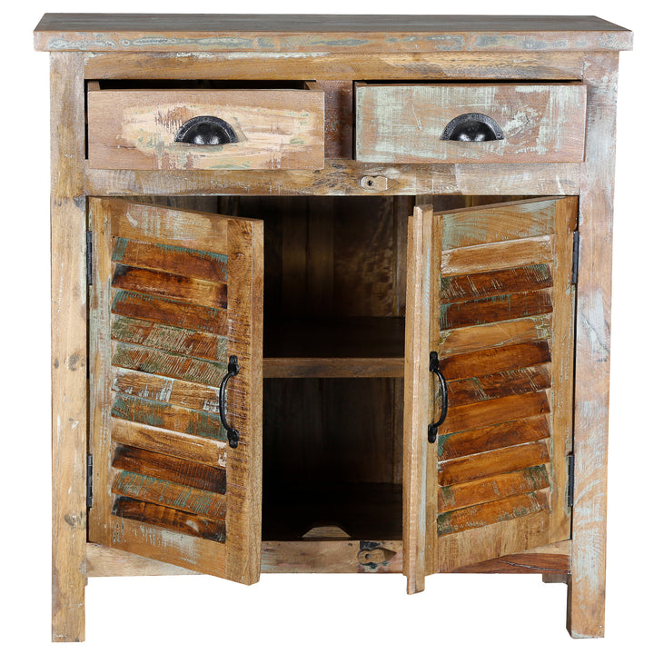 Solid wood highboard with opened doors and drawers, isolated on white background