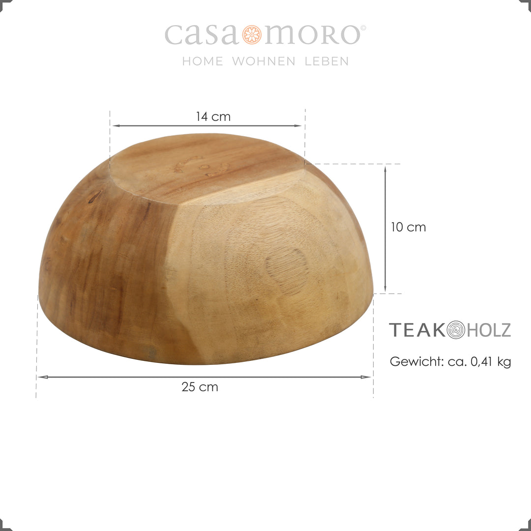 Teak bowl with dimensions – Ø 25 cm, height 10 cm, weight approx. 0.41 kg