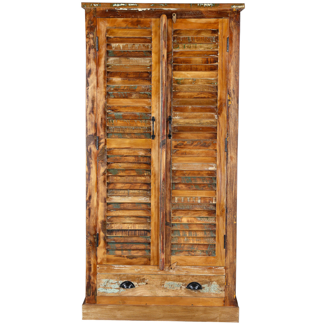Vintage style wooden and solid wood cabinet shown freestanding