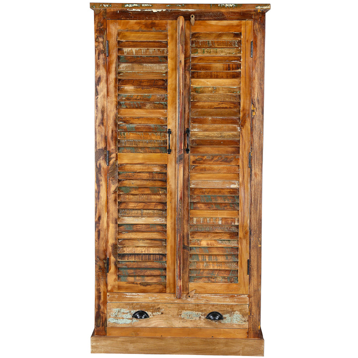 Vintage style wooden and solid wood cabinet shown freestanding
