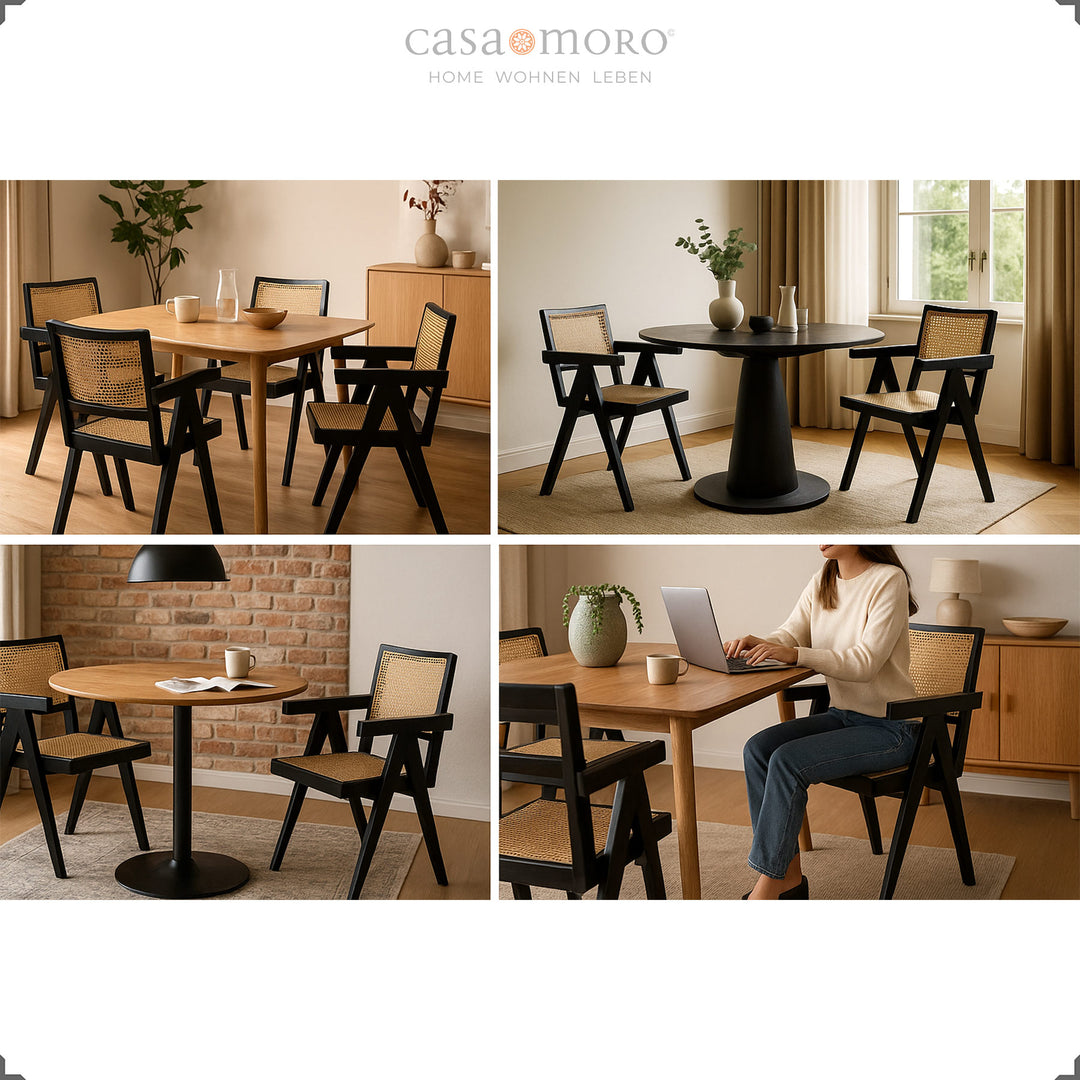 Black armchairs with Viennese wickerwork in various living situations, made of solid teak and rattan