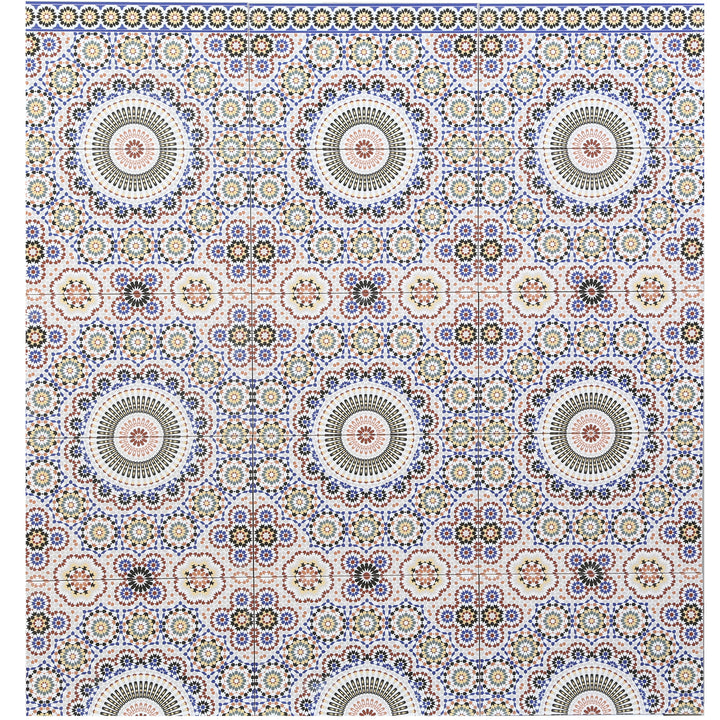 Ceramic border with oriental pattern in multi-colored combined with wall tiles for harmonious wall design