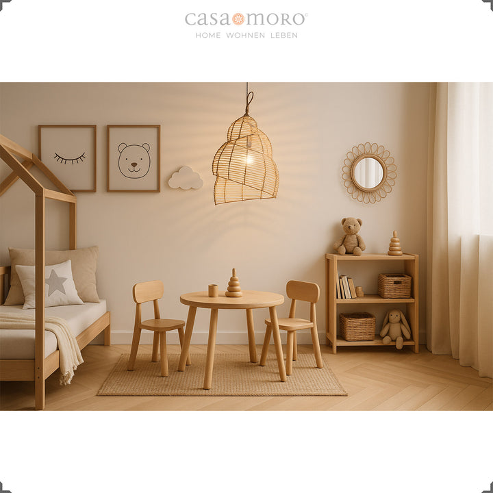 Handmade rattan lamp as a ceiling light in the children's room, creates warm light and natural security