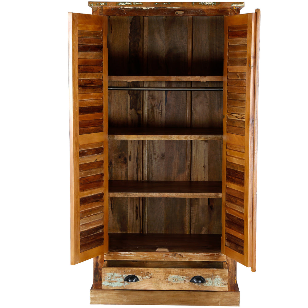 Vintage style solid wood and reclaimed wood wardrobe, shown open and free standing