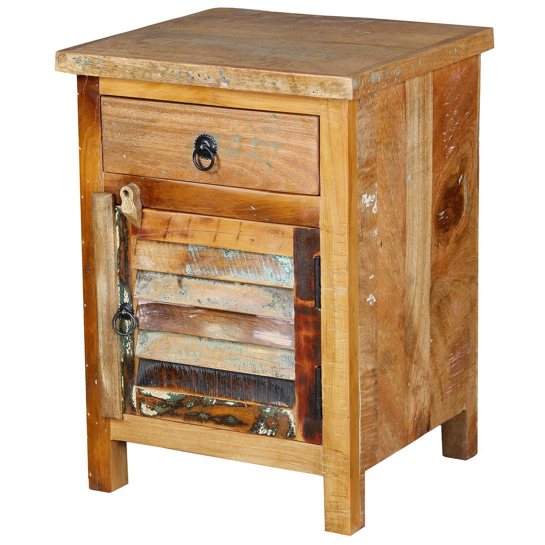Solid wood chest of drawers with drawer and door, with patchwork front made of wooden planks and metal ring handles