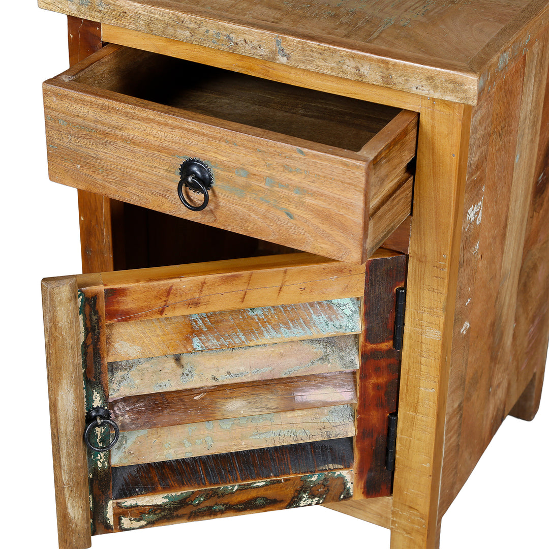 Chest of drawers made of solid reclaimed wood with open drawer and door, with patchwork front