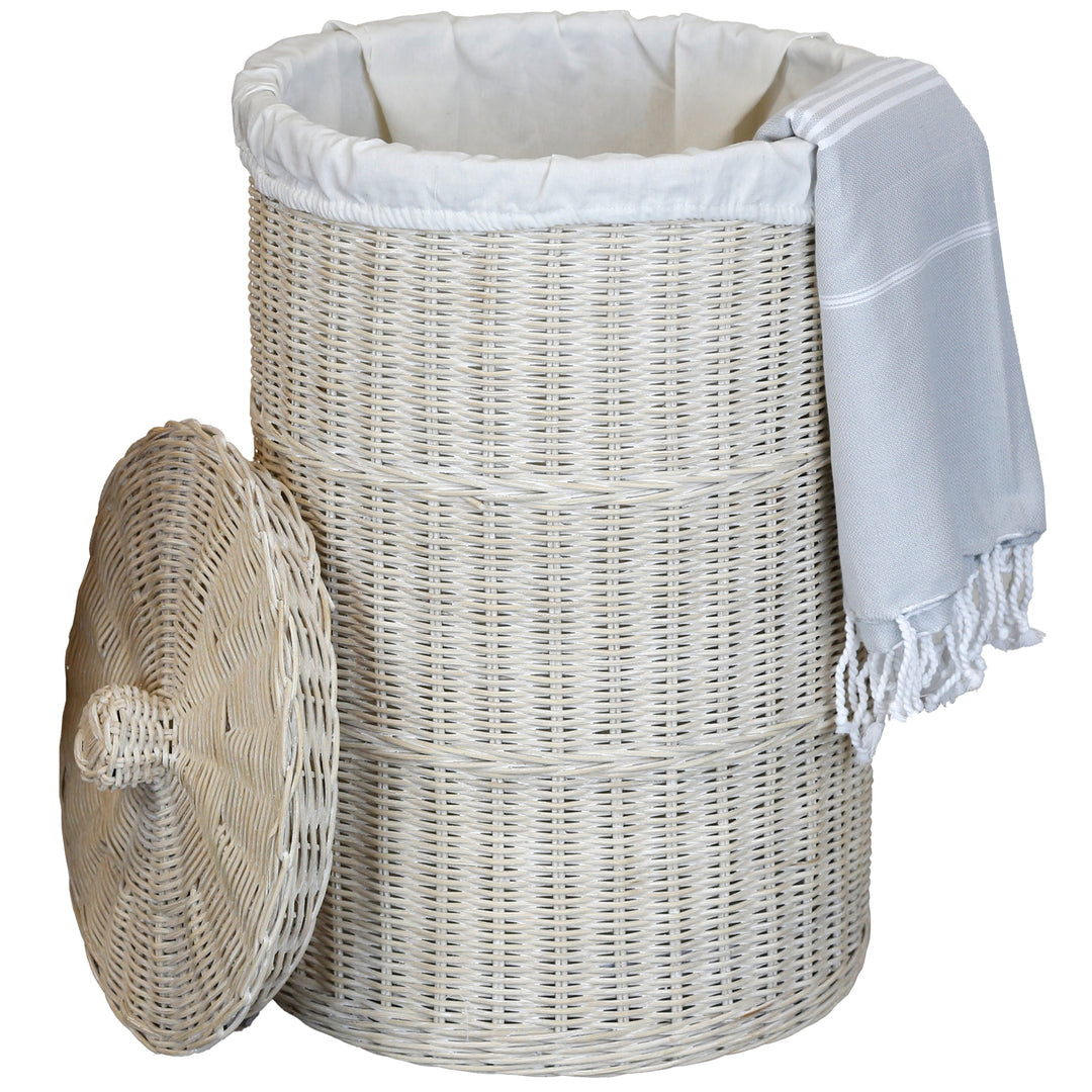 Whitewashed storage basket with lid, made from hand-woven natural rattan