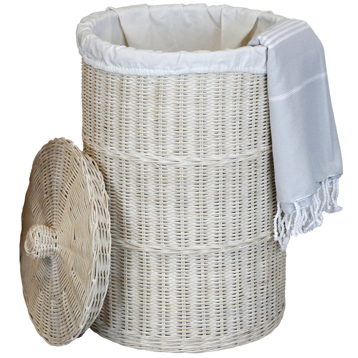 Whitewashed storage basket with lid, made from hand-woven natural rattan