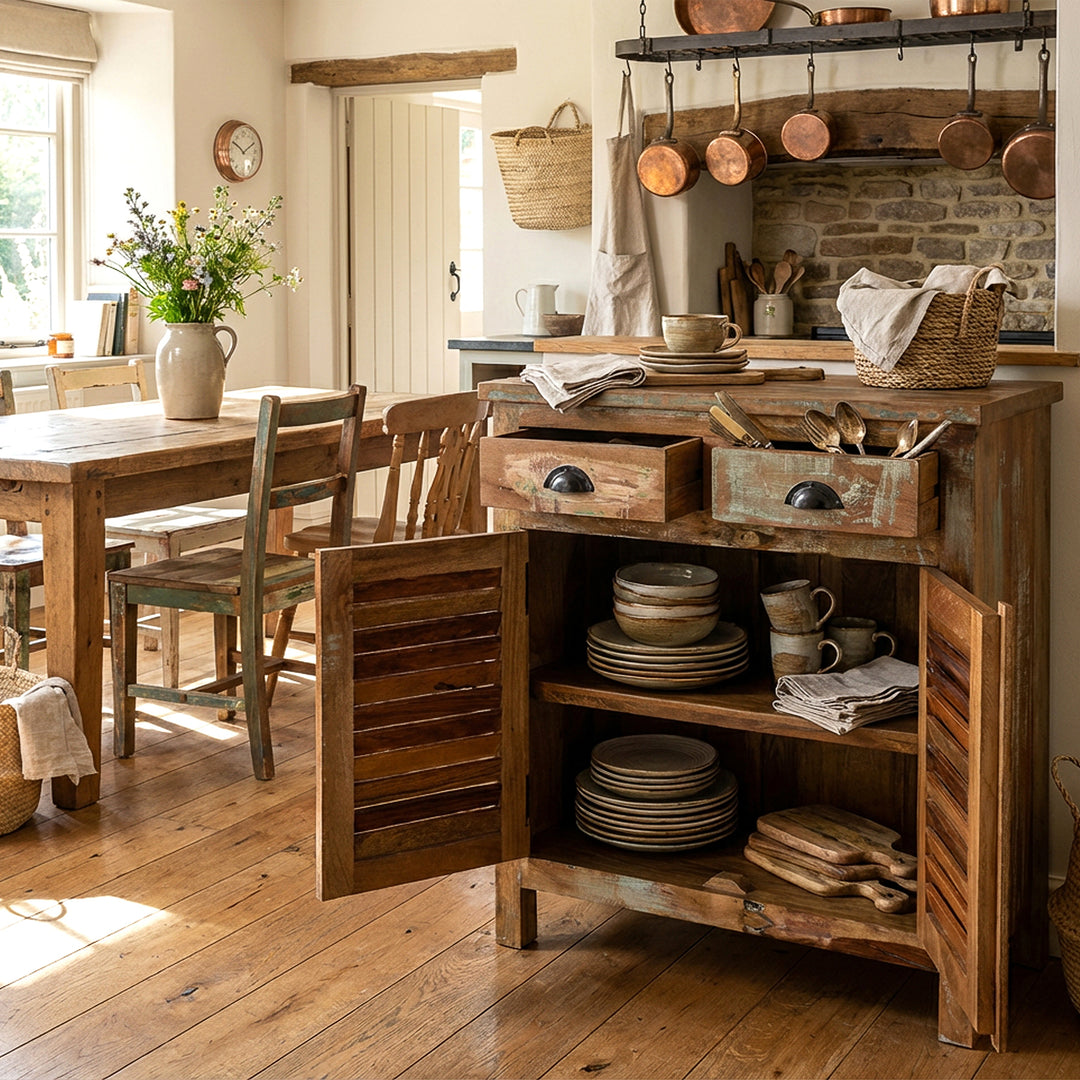 Solid wood highboard in the kitchen with opened doors, dishes in the interior, warm home scene