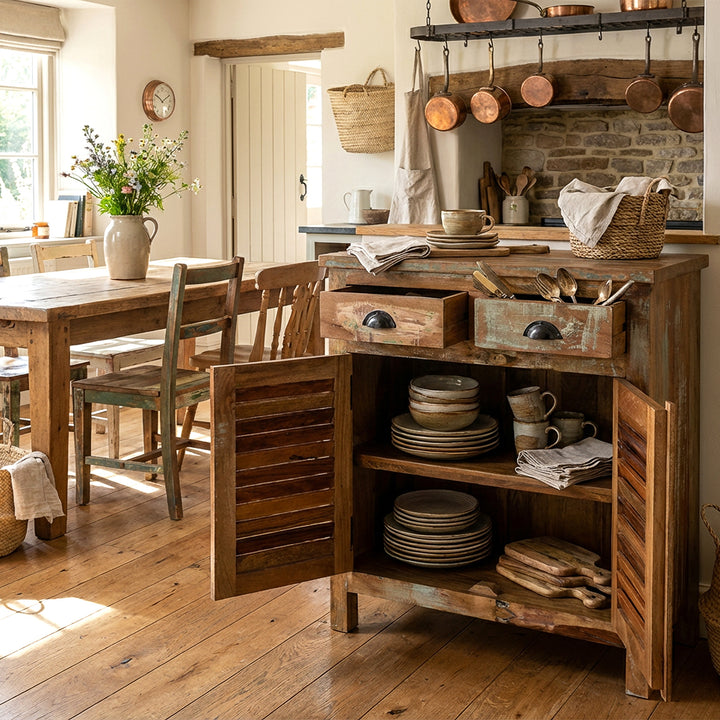 Solid wood highboard in the kitchen with opened doors, dishes in the interior, warm home scene