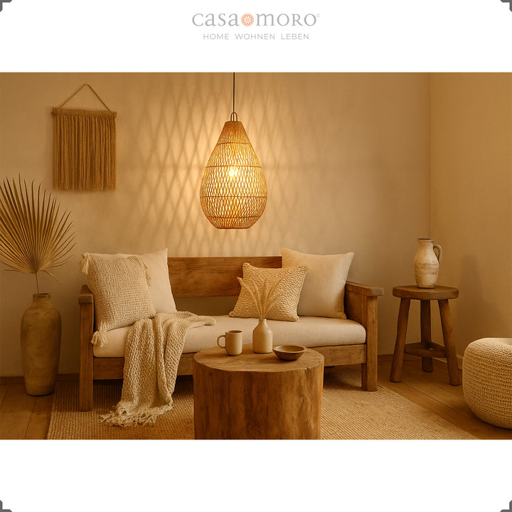 Rattan lamp in teardrop shape, provides warm light and creates a cozy atmosphere in the living room