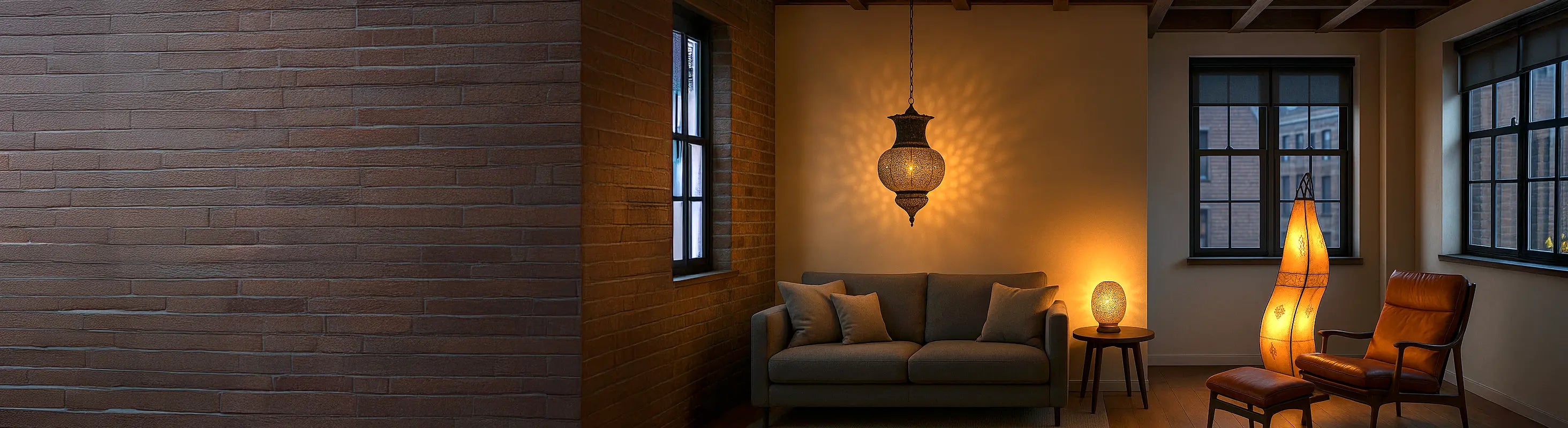 Lamps & Lights – Living room with oriental hanging lamp, table lamp and floor lamp - atmospheric lighting next to the sofa and armchair