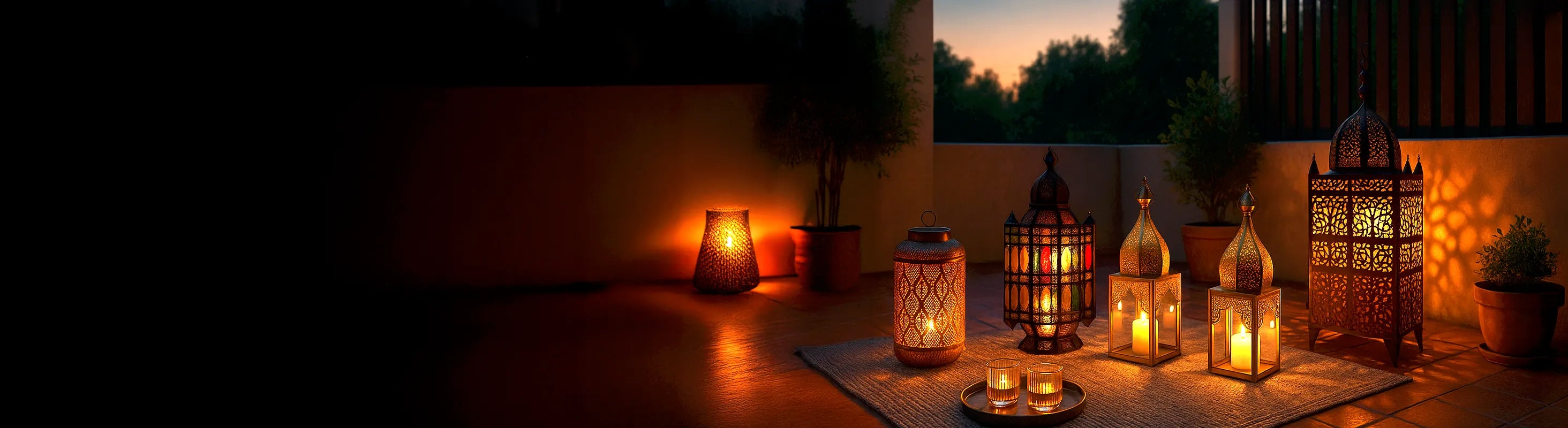 lanterns – Oriental lanterns with candles on the terrace at sunset - atmospheric outdoor lighting for the garden and balcony