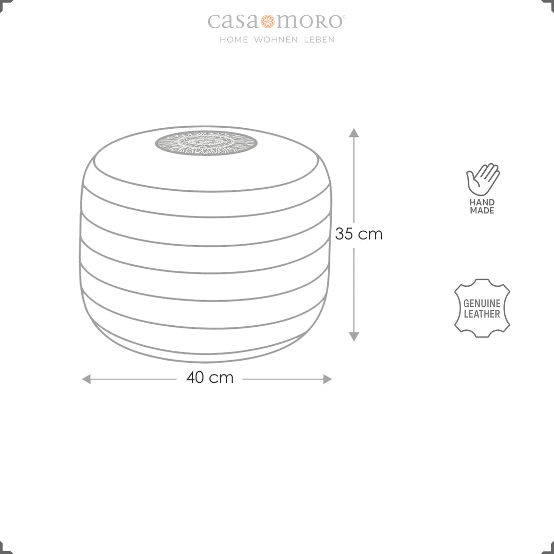 Sketch of the round leather pouf with dimensions Ø 40 cm and height 35 cm as well as icons for handmade and genuine leather - Casa Moro design.