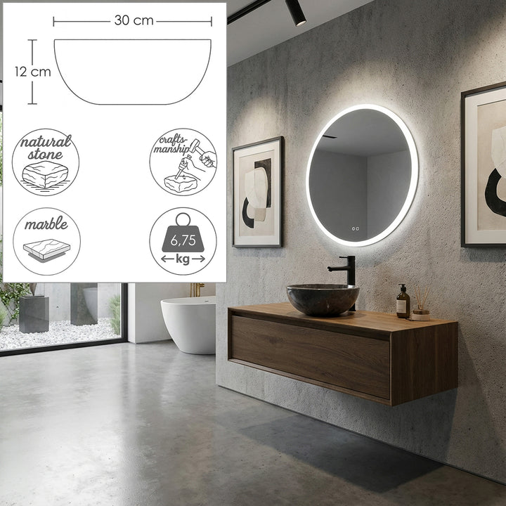 Round countertop washbasin made of natural stone on a floating wooden washbasin in a modern bathroom with integrated dimensional graphics