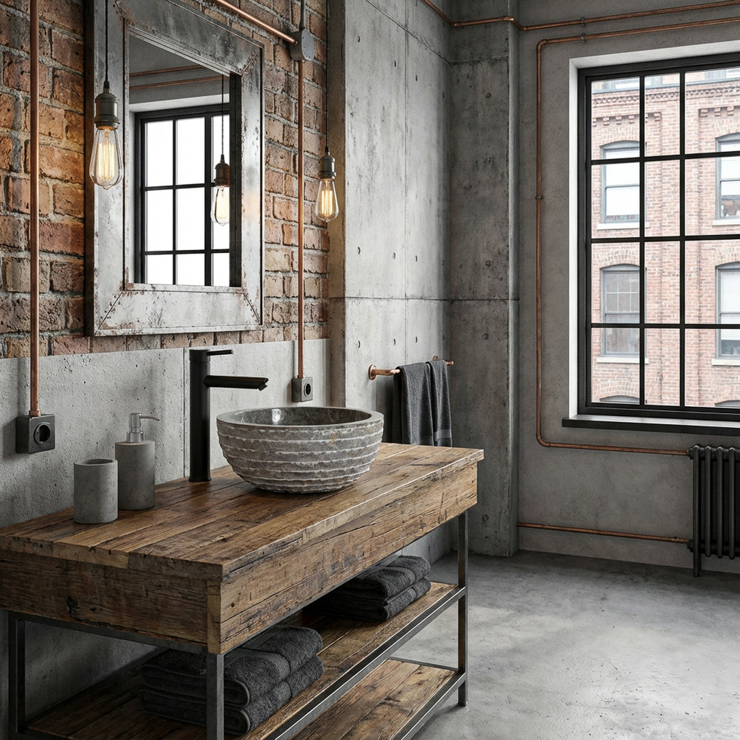 Round marble stone sink on rustic wooden table in industrial bathroom with exposed concrete, brick and black fittings