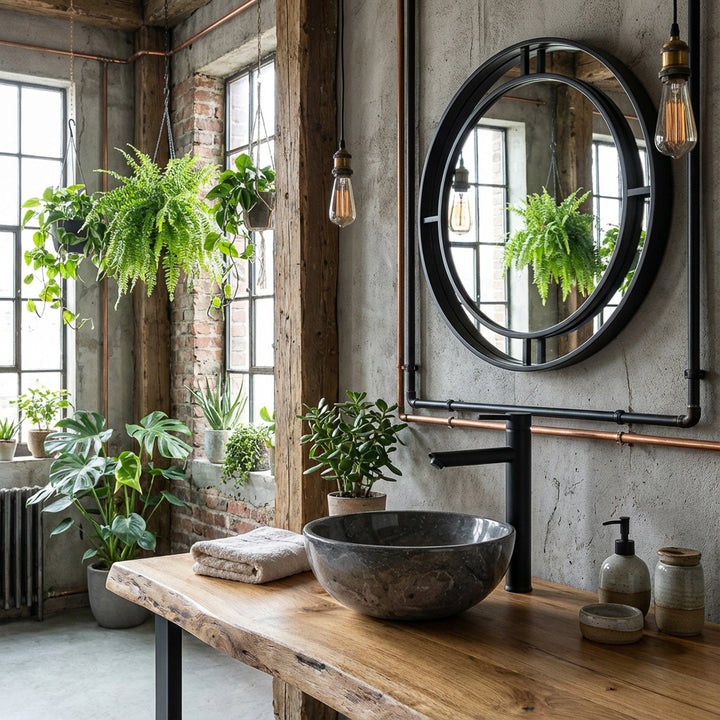 Round countertop marble sink on wooden vanity unit in industrial loft bathroom with plants, mirror and black faucet