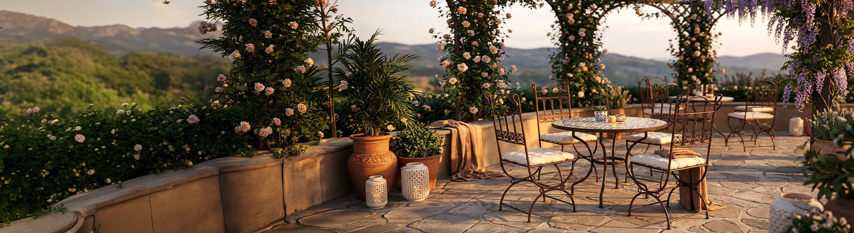 Metal chairs – Moroccan metal iron chairs on terrace with mosaic table in garden - hand-forged chairs for outdoor and dining area