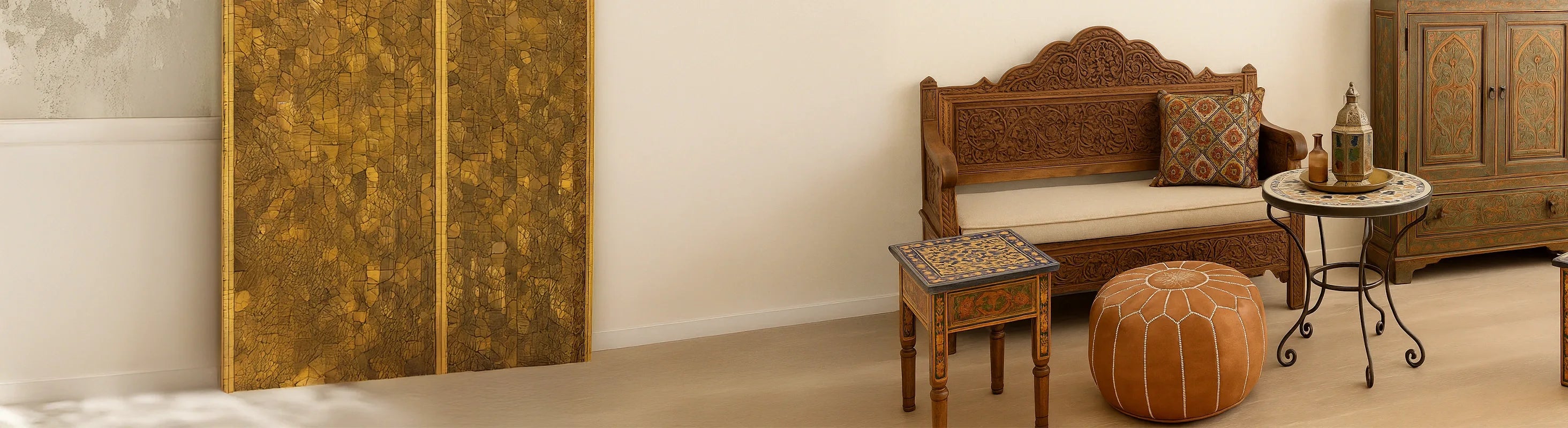 Moroccan furniture – A stylishly furnished living room with handcrafted Moroccan furniture made of wood, mosaic and metal in an oriental design.