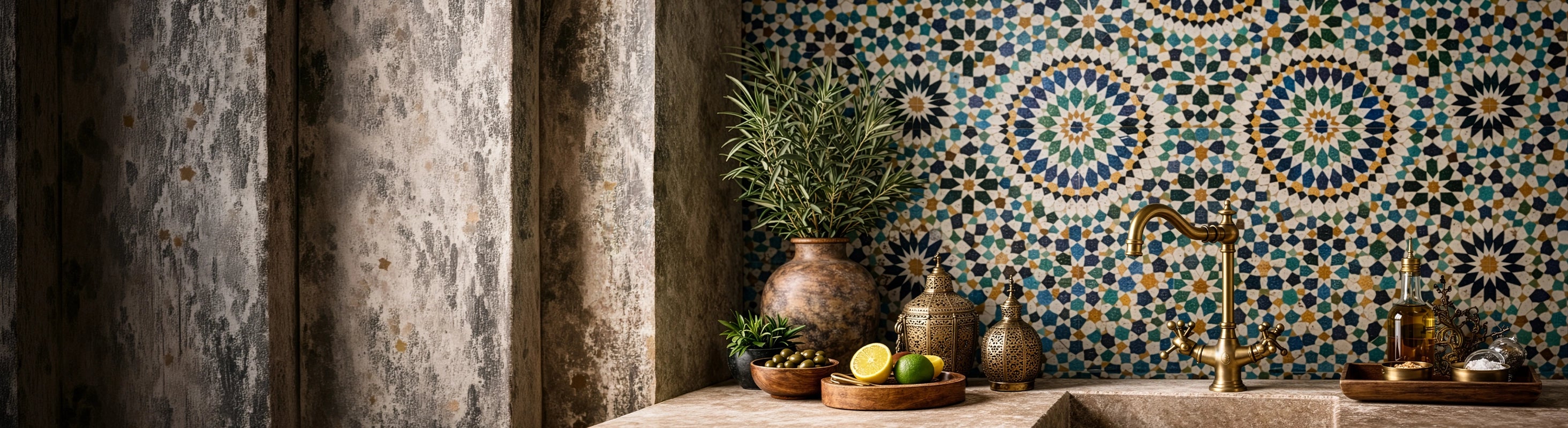 Cellular tiles – Moroccan zellige tiles with a traditional geometric pattern as a wall design in an oriental-inspired kitchen