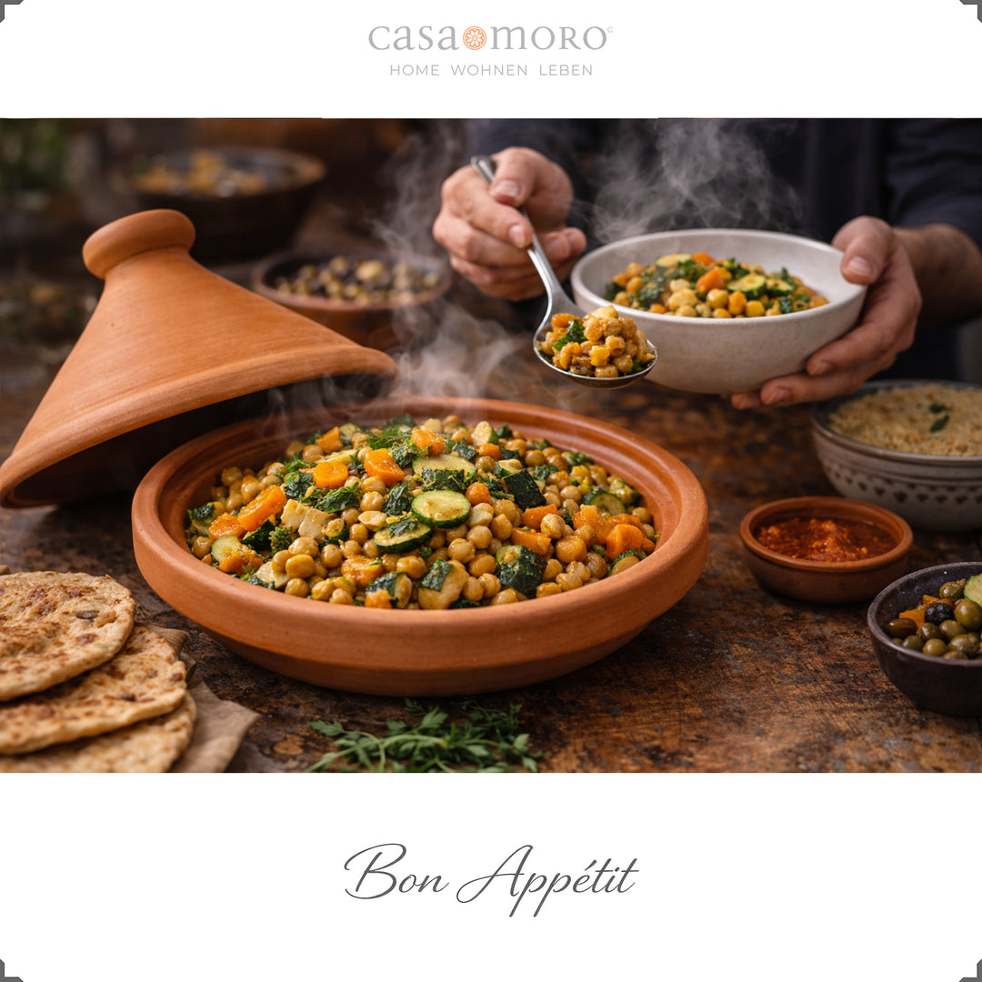 Unglazed Tajine from Morocco 30 cm with vegetarian recipe and aromatic spice
