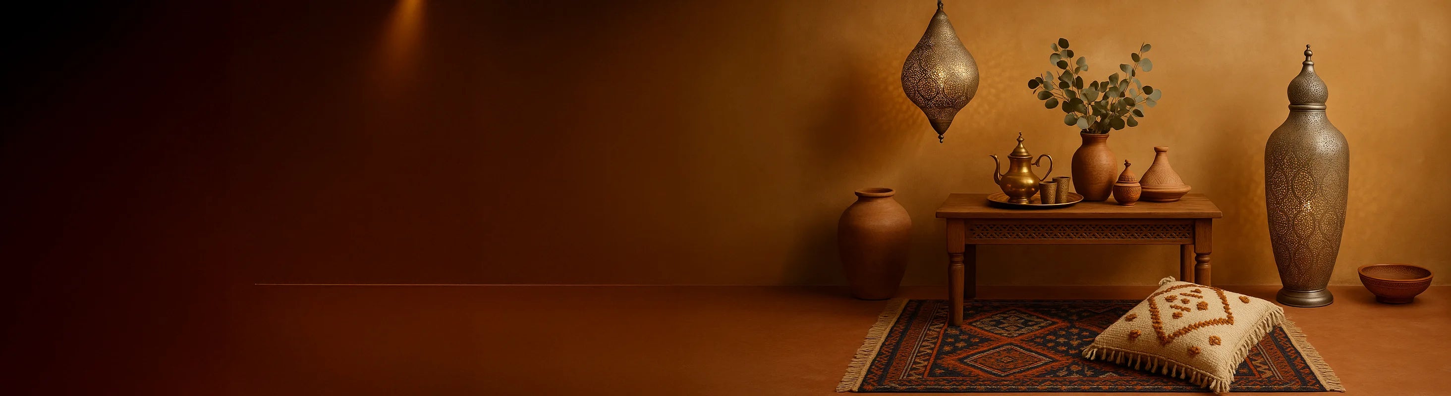 Morocco – Moroccan decorative arrangement with oriental hanging lamps, terracotta vessels, carved ornaments, Tajine and brass tray.
