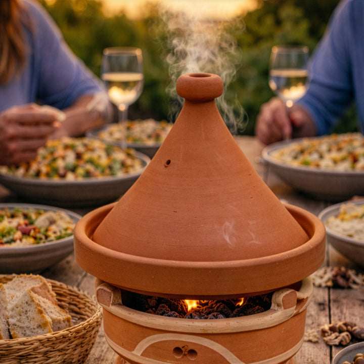 Mejmar clay warmer for charcoal, Moroccan table grill with Tajine and open fire while eating together
