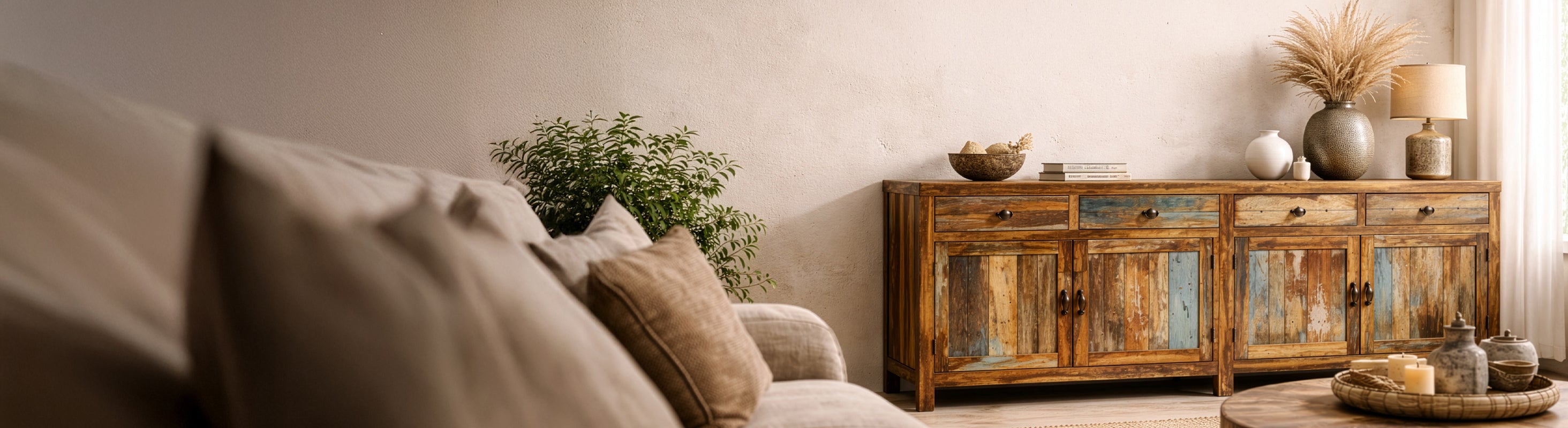 Solid wood furniture – Banner of the Creative Collection with HANDMADE furniture made of solid wood and old mango wood in vintage boho style