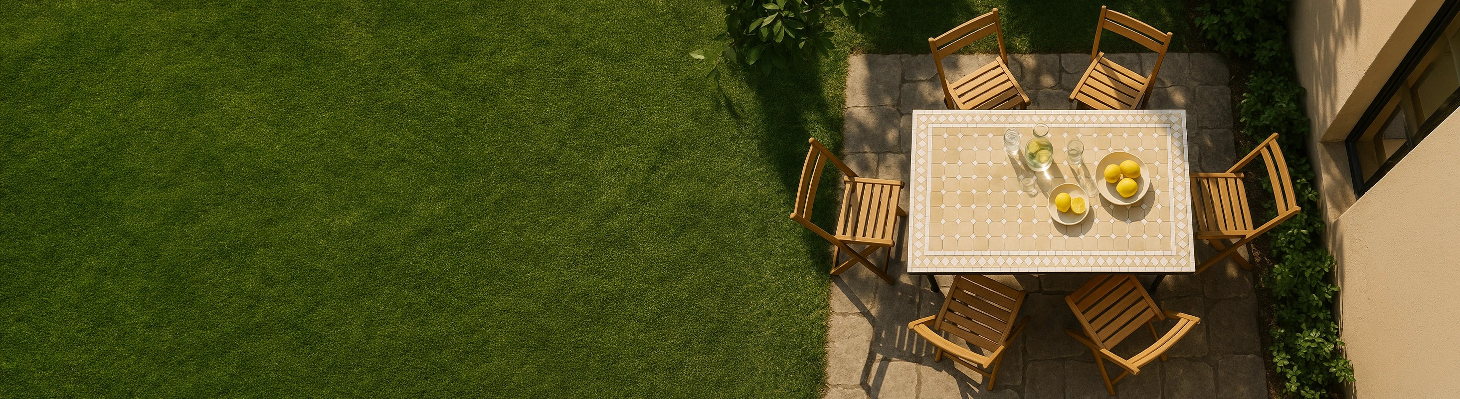 Rectangular mosaic tables – Rechteckiger Mosaiktisch mit Zellige-Fliesen und mehreren Stühlen aus der Vogelperspektive im Garten auf Terrasse – großer Esstisch für Fami