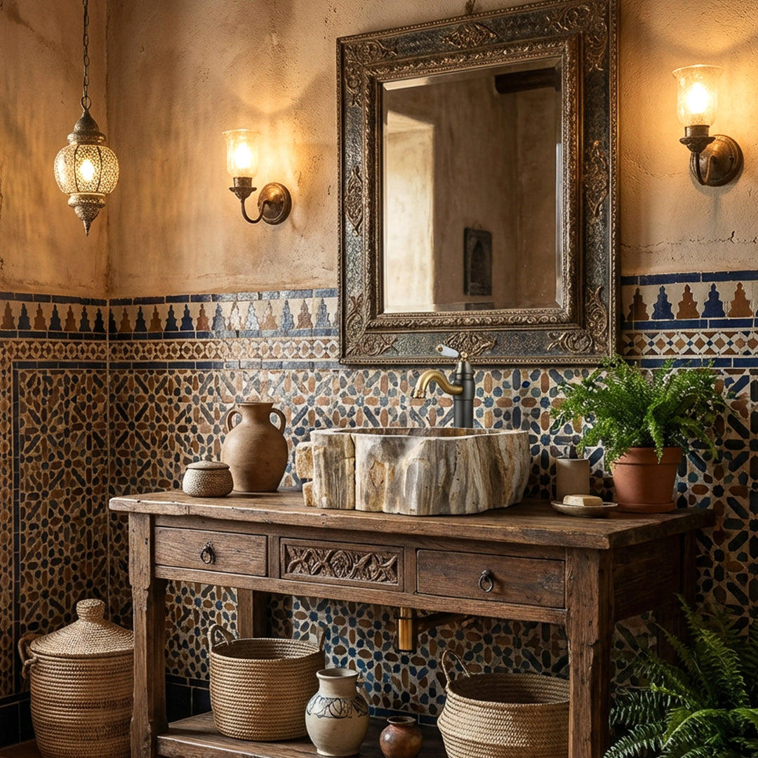 Countertop washbasin made of natural stone with a fossil wood drawing, staged on a wooden console in the oriental bathroom with mosaic tiles.