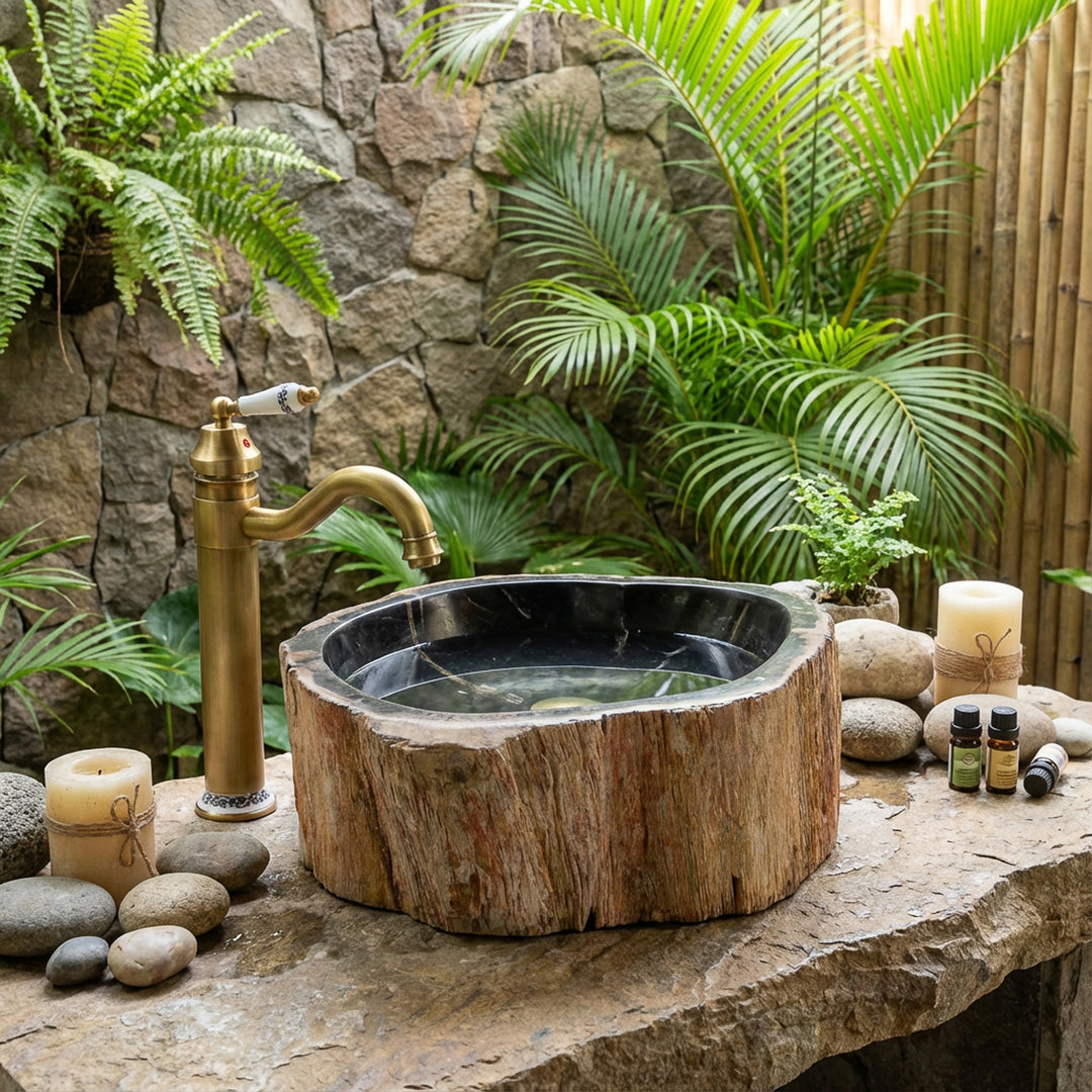 Natural stone countertop washbasin made of petrified wood, round outdoor stone washbasin on a solid stone slab with brass fittings and plants.