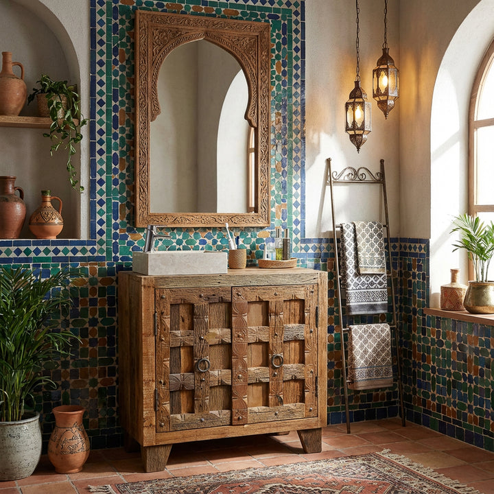 Square countertop washbasin made of light natural stone on a wooden base cabinet in an oriental bathroom with mosaic tiles
