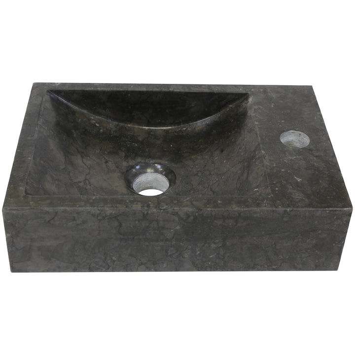 Square stone countertop washbasin with dark grain in an isolated product view, with integrated tap hole and central drain