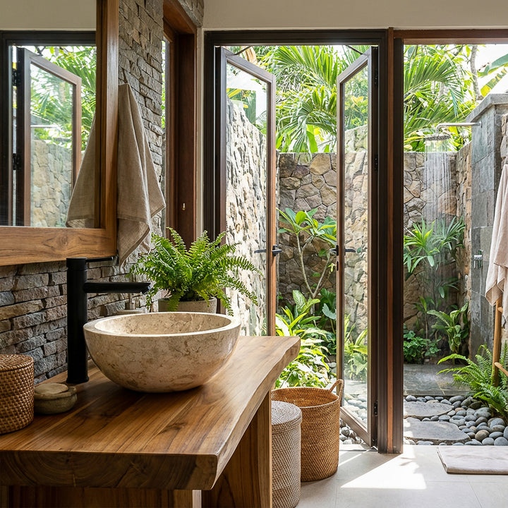 Round countertop washbasin made of light natural stone on a wooden washbasin with black fittings in the open bathroom with garden view