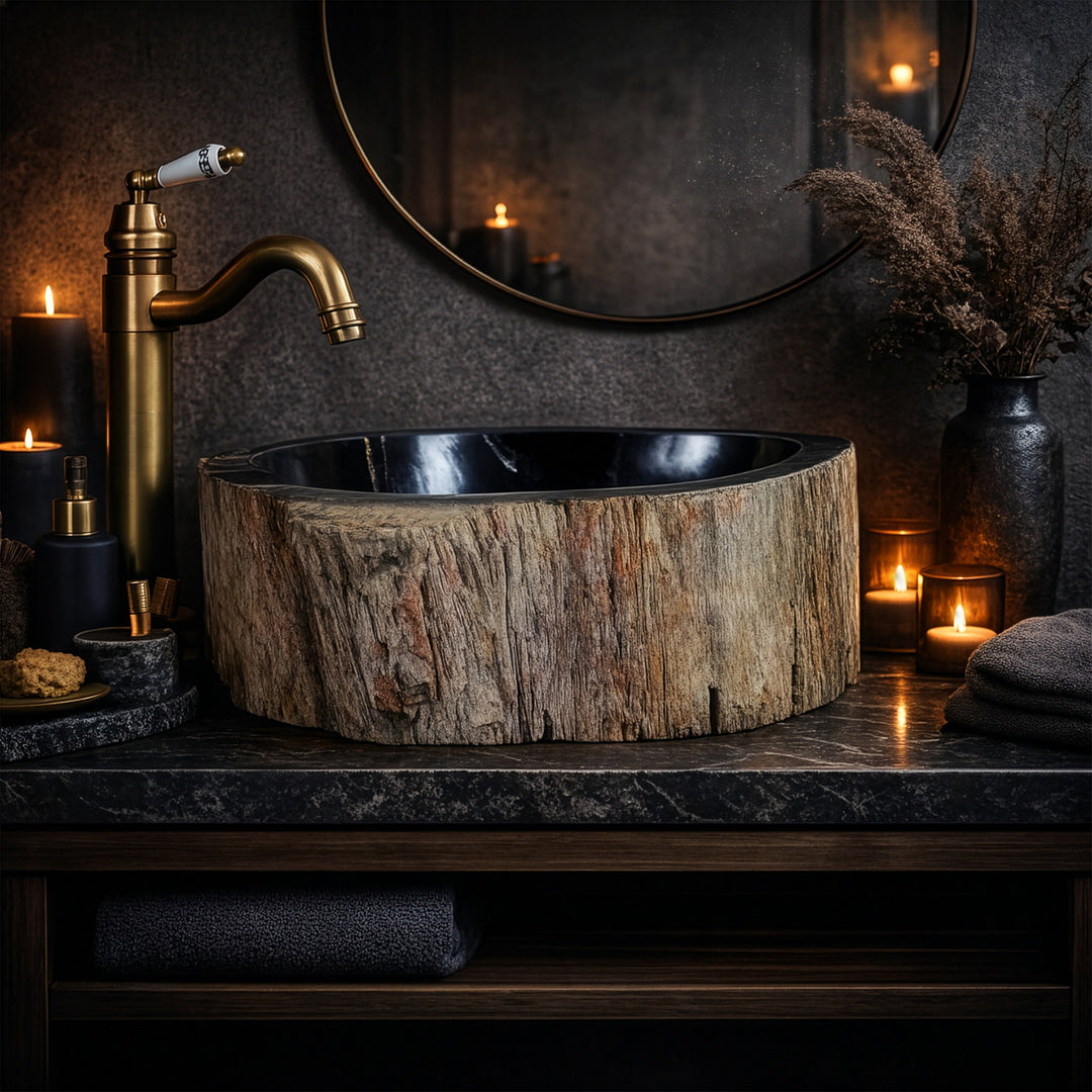 Washbasin Made of petrified wood with a dark interior surface, round countertop washbasin in an atmospheric bathroom ambience with candlelight.