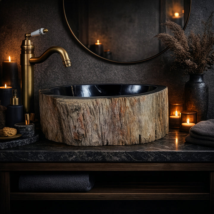 Washbasin Made of petrified wood with a dark interior surface, round countertop washbasin in an atmospheric bathroom ambience with candlelight.