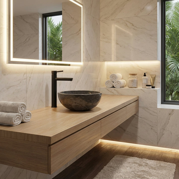 Round stone washbasin made of natural stone on a floating wooden washbasin in the bright spa bathroom with an LED mirror and clear lines