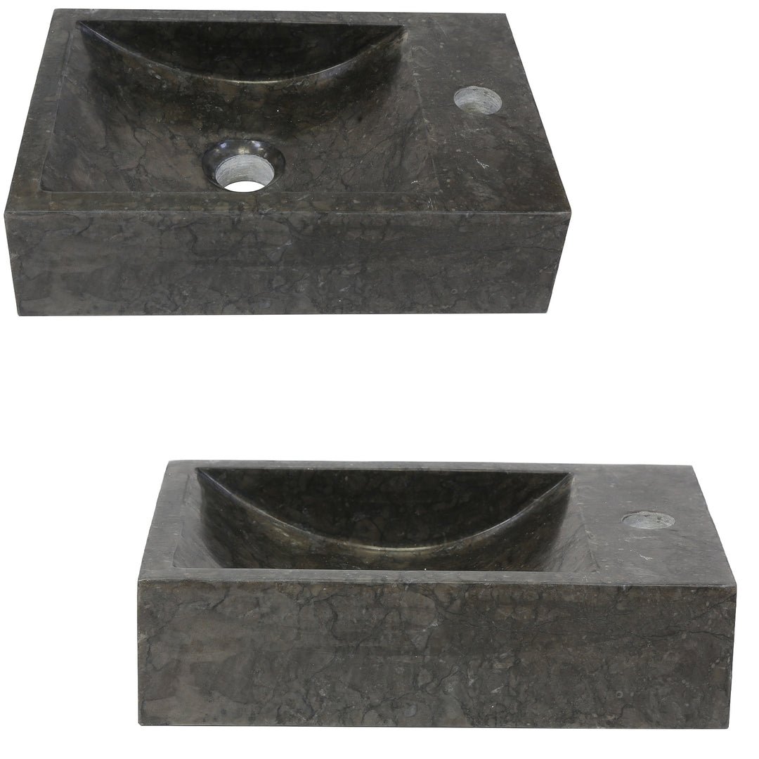 Angular natural stone Washbasin with dark grain in an isolated representation, shown in top view and front view with integrated tap hole and central drain