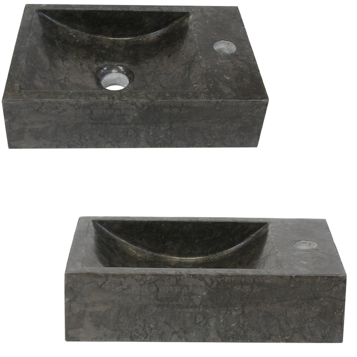 Angular natural stone Washbasin with dark grain in an isolated representation, shown in top view and front view with integrated tap hole and central drain