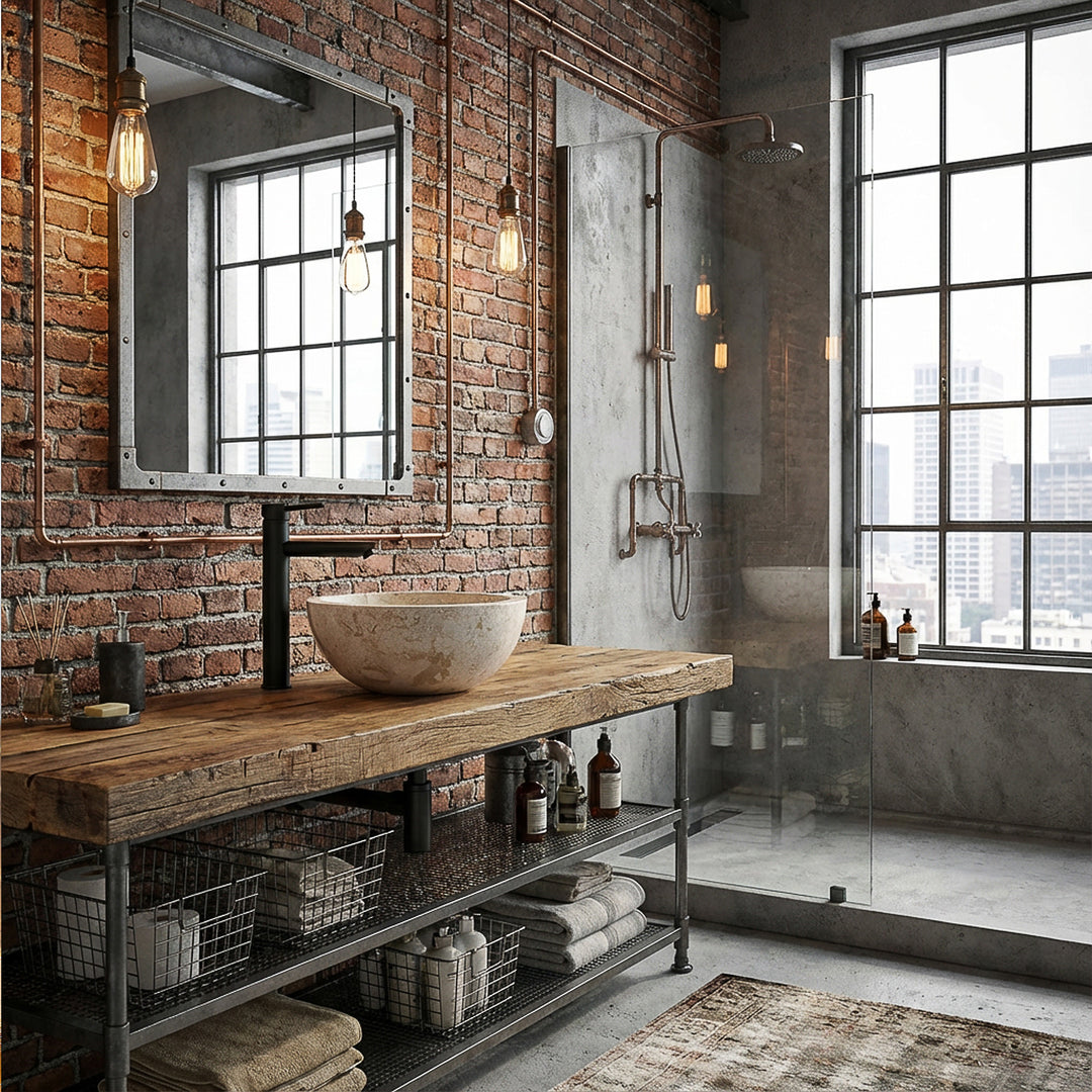 Round natural stone countertop washbasin on rustic wooden washbasin with black fittings in industrial loft bathroom