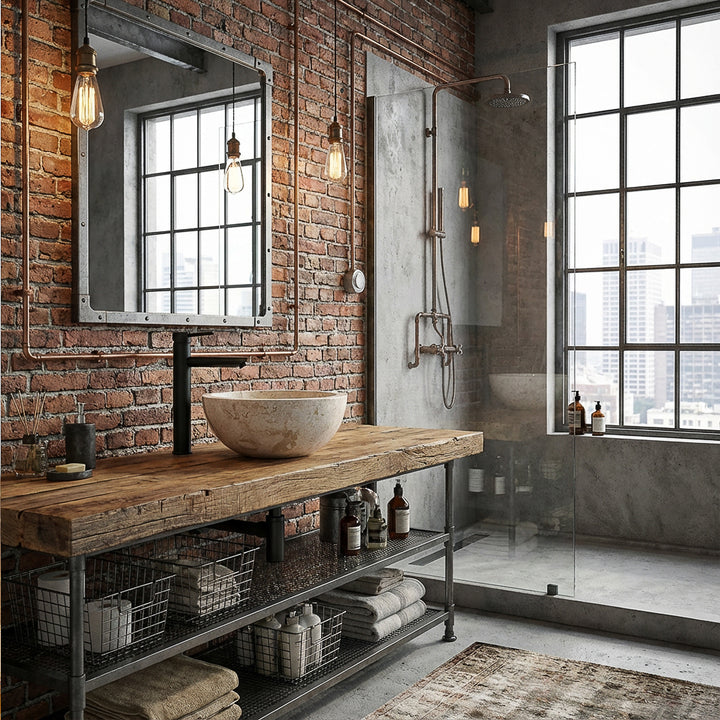 Round natural stone countertop washbasin on rustic wooden washbasin with black fittings in industrial loft bathroom