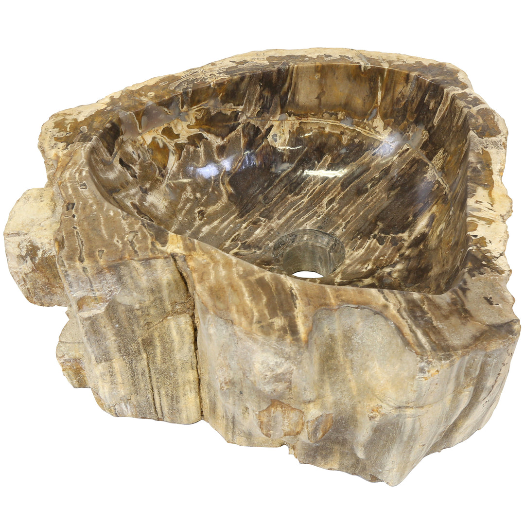 Natural stone countertop washbasin made of petrified wood, free-standing against a white background with an irregular stone shape and fossilized grain.
