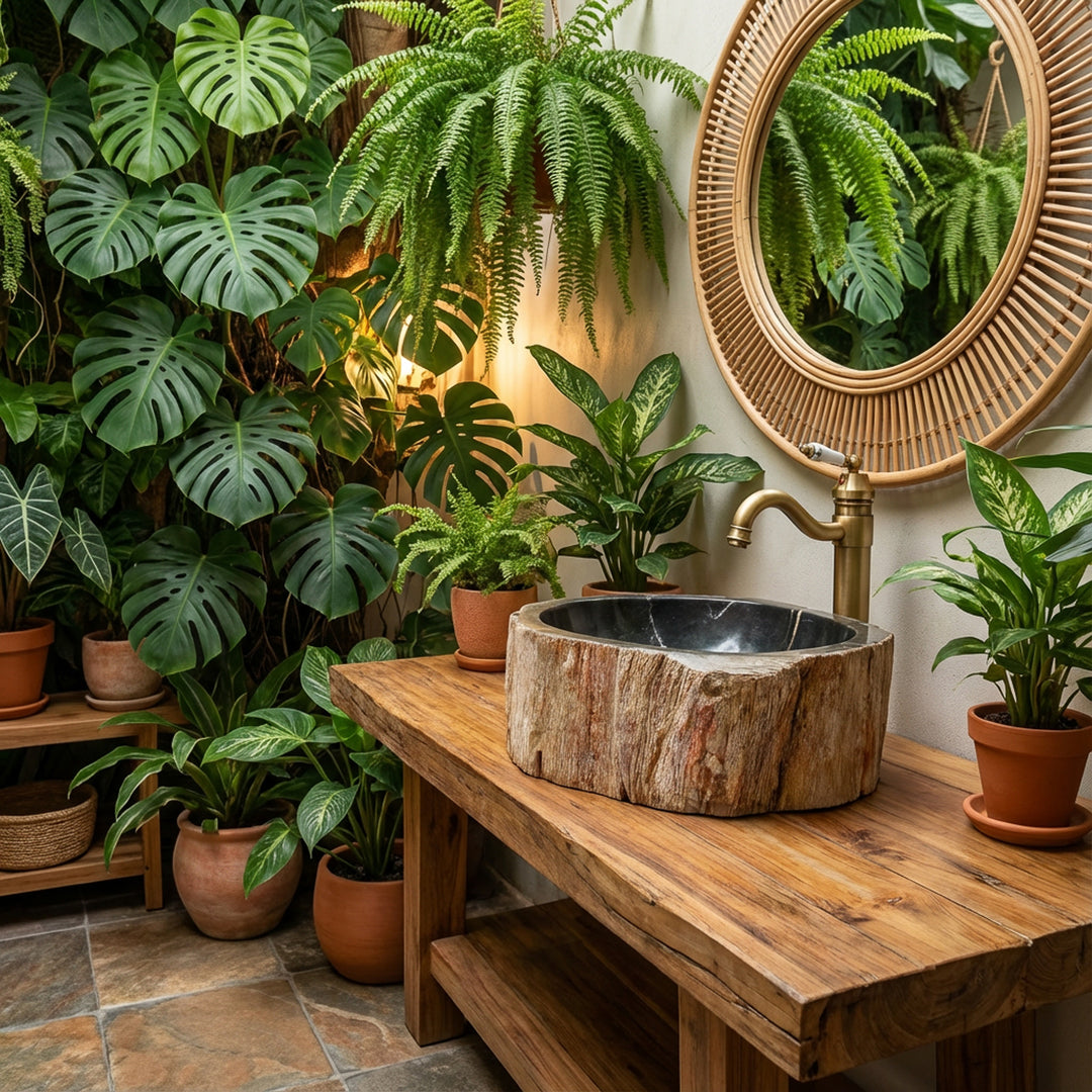 Natural stone sink made of petrified wood as a countertop basin, round stone basin on a wooden console in a green bathroom ambience.