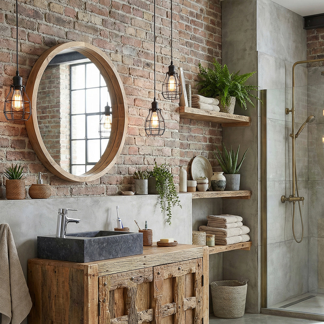 Square natural stone sink on rustic wooden vanity in industrial bathroom, combined with chrome faucet, brick wall, open shelves and warm light