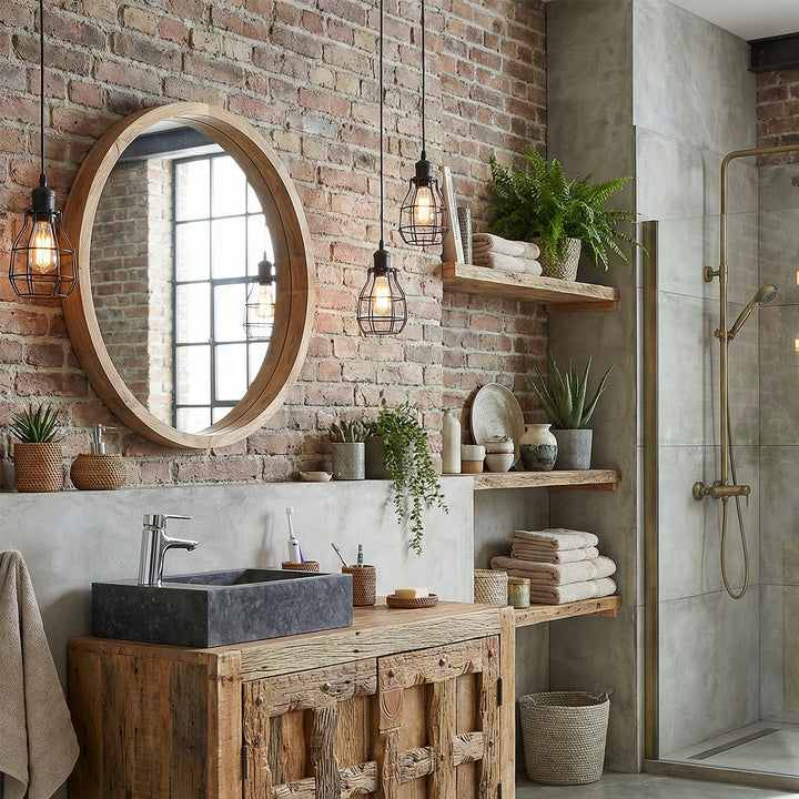 Square natural stone sink on rustic wooden vanity in industrial bathroom, combined with chrome faucet, brick wall, open shelves and warm light