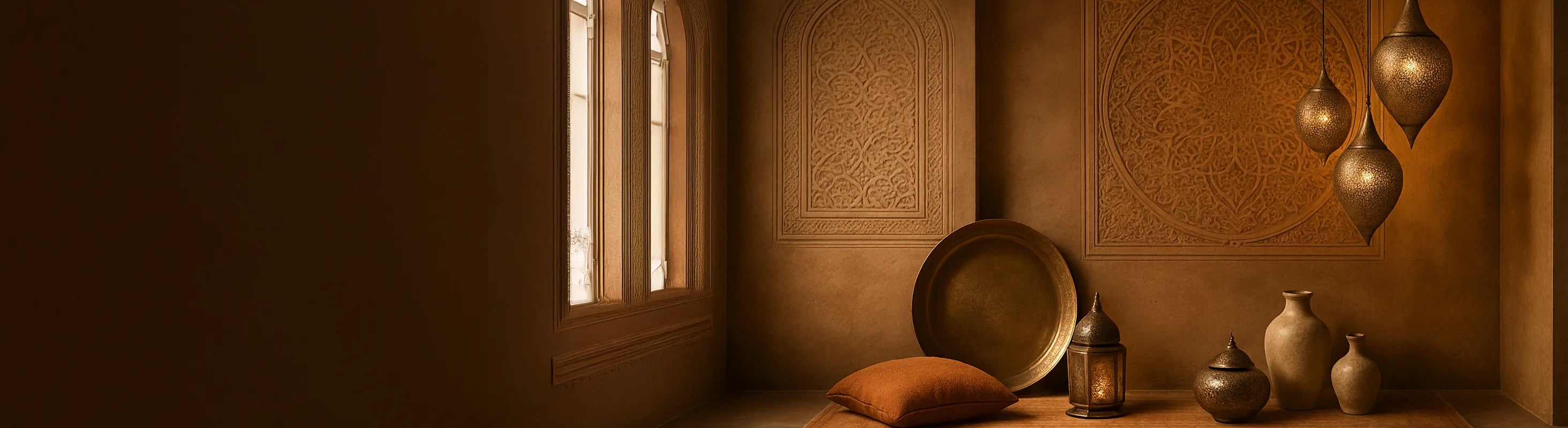 Orient – Oriental scene with warm earth tones, delicate metal lamps, carved ornaments, oriental vases and decorative accessories